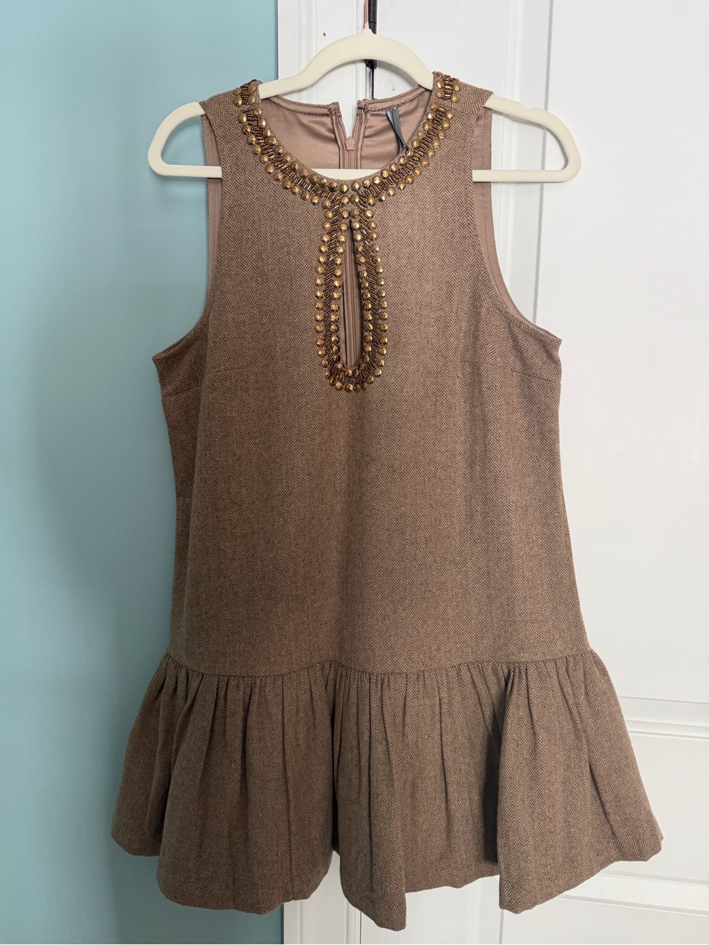 Anthropologie Brown Embellished Keyhole Drop-Waist Dress